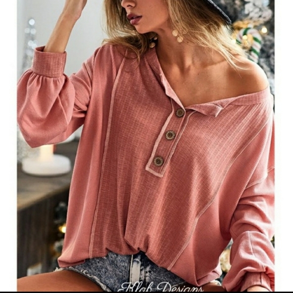 Adorable and Cute poitelle Henley Top (Tan with hint of mauve) - Picture 3 of 6